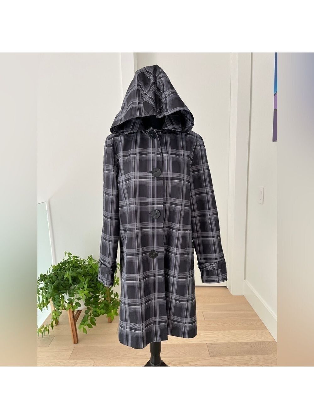 PIZAZZ Spring Jacket Detachable Hood Black Grey Plaid Button Front Neutral